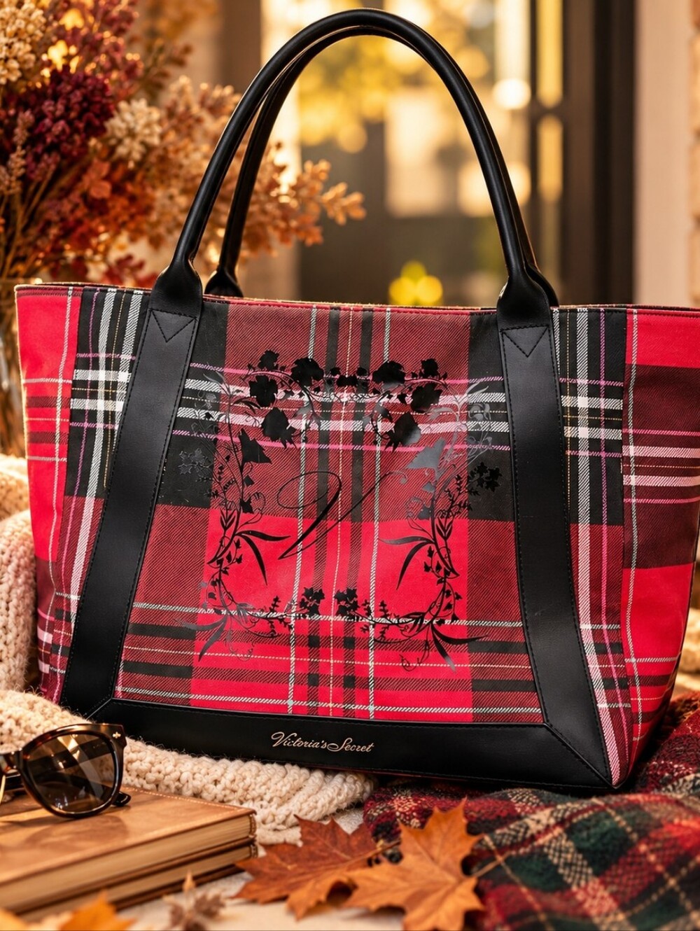 Victoria’s Secret Red Tartan Plaid Crest Tote Bag Black Faux Leather